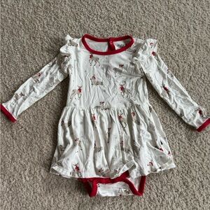 Kyte BABY White Dress Romper with Red Trim and Reindeer Print